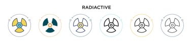 Radyasyon işaret simgesi dolu, ince çizgi, ana hatlar ve vuruş stili. Mobil, ui, web için iki renkli ve siyah radyoaktif işaret simgesi tasarımı vektör illüstrasyonu kullanılabilir