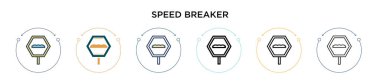 Hız kesici simgesi doldurulmuş, ince çizgi, ana hatlar ve vuruş stili. Mobil, ui, web için iki renkli ve siyah hız kırıcı işaret simgesi tasarımı vektör illüstrasyonu kullanılabilir