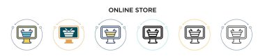 Çevrimiçi mağaza simgesi dolu, ince çizgi, özet ve vuruş stili. İki renkli ve siyah çevrimiçi vektör vektör simgesi tasarımı mobil, ui, web için kullanılabilir