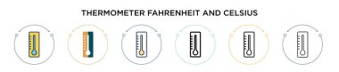 Termometre fahrenheit ve Celsius ikonu doldurulmuş, ince çizgi, dış hat ve vuruş stili. İki renkli ve siyah termometre fahrenheit ve Celsius vektör simgelerinin vektör çizimi kullanılabilir