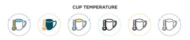 Bardak sıcaklığı ikonu doldurulmuş, ince çizgi, dış hatlar ve vuruş stili. Mobil, ui, web için iki renkli ve siyah kupa sıcaklık vektör ikonu tasarımı vektör illüstrasyonu kullanılabilir