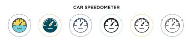 Araba hız göstergesi simgesi doldurulmuş, ince çizgi, ana hatlar ve vuruş stili. Mobil, ui, web için iki renkli ve siyah hız göstergesi vektör çizimi kullanılabilir