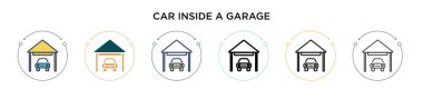 Garaj ikonunun içindeki araba ince çizgi halinde, ana hatlarıyla ve vuruş stiliyle. Bir garaj vektör simgeleri içinde iki renkli ve siyah arabanın vektör illüstrasyonu mobil, ui, web için kullanılabilir