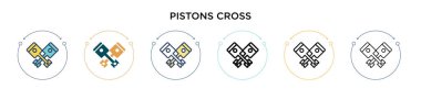 Pistons 'ın çapraz simgesi dolu, ince çizgi, ana hatlar ve vuruş stili. Mobil, ui, web için iki renkli ve siyah pistonların vektör gösterimi çapraz vektör simgeleri kullanılabilir