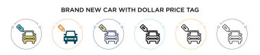 Dolu, ince çizgi, taslak ve vuruş stili olan yepyeni bir araba. Dolar fiyat etiketi vektör simgelerine sahip iki renkli ve siyah yeni arabanın vektör illüstrasyonu 
