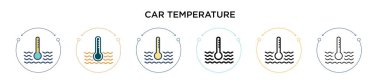 Araba sıcaklığı simgesi doldurulmuş, ince çizgi, ana hatlar ve vuruş stili. Mobil, ui, web için iki renkli ve siyah araba sıcaklığı vektör ikonu tasarımı vektör illüstrasyonu kullanılabilir