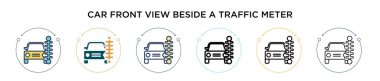 Trafik taksimetresi ikonunun yanında, ince çizgi, çizgi ve çizgi şeklinde bir araba önü görüntüsü. Trafik metre vektör simgeleri yanında iki renkli ve siyah arabanın vektör illüstrasyonuName 