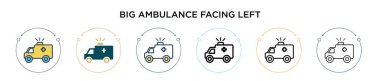 Büyük ambulans sol ikona bakıyor, ince çizgi, ana hatlar ve vuruş stili. Sol vektör simgelerine bakan iki siyah ve renkli ambulansın vektör illüstrasyonu mobil için kullanılabilir, ui, 