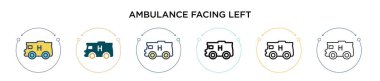 Ambülans sol ikona bakıyor, ince çizgi, ana hat ve vuruş stili. Sol vektör simgelerine bakan iki renkli ve siyah ambulansın vektör illüstrasyonu mobil, ui, web için kullanılabilir