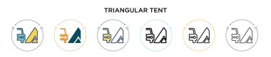 Üçgen çadır simgesi doldurulmuş, ince çizgi, ana hatlar ve vuruş stili. Mobil, ui, web için iki renkli ve siyah üçgen çadır vektör ikonu tasarımı vektör illüstrasyonu kullanılabilir
