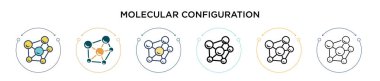 Moleküler yapılandırma simgesi doldurulmuş, ince çizgi, ana hatlar ve vuruş stili. Mobil, ui, web için iki renkli ve siyah moleküler yapılandırma vektör ikonu tasarımı kullanılabilir