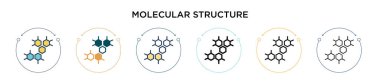 Moleküler yapı simgesi dolu, ince çizgi, ana hatlar ve vuruş stili. Mobil, ui, web için iki renkli ve siyah moleküler yapı vektör ikonu tasarımının vektör illüstrasyonu kullanılabilir