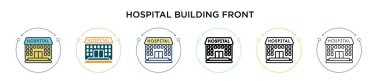 Hastane binasının ön simgesi dolu, ince çizgi, özet ve vuruş stili. Mobil, ui, web için iki renkli ve siyah hastane binası ön vektör simgeleri tasarımı vektör illüstrasyonu kullanılabilir