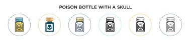 Zehirli şişe kafatası ikonu ile doldurulmuş, ince çizgi, ana hatlar ve vuruş stili. Kafatası vektör simgeli iki renkli ve siyah zehir şişesinin vektör illüstrasyonu taşınabilir, ui,
