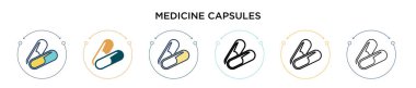 İlaç kapsülleri ikonu doldurulmuş, ince çizgi, ana hatlar ve vuruş stili. Mobil, ui, web için iki renkli ve siyah tıp kapsülü vektör ikonu tasarımı vektör illüstrasyonu kullanılabilir