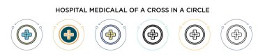 Hastane haçı, daire şeklinde bir sembol şeklinde, ince çizgi halinde, ana hatlarıyla ve vuruş stiliyle. Çember vektör simgelerindeki bir haçın iki renkli ve siyah hastane medikal temsili 