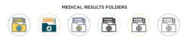 Tıbbi sonuçlar klasörü simgesi doldurulmuş, ince çizgi, özet ve çizgi şeklinde. İki renkli ve siyah tıbbi sonuçların vektör illüstrasyonu dizin vektör simgeleri mobil, ui, web için kullanılabilir