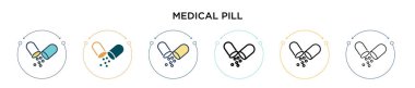 Tıbbî hap ikonu, ince çizgi, özet ve vuruş stili. Mobil, ui, web için iki renkli ve siyah tıbbi hap vektör ikonu tasarımı vektör illüstrasyonu kullanılabilir