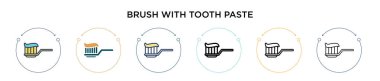 Diş macunu ikonu ile fırçala, ince çizgi, ana hatlar ve vuruş stili. Diş macunu vektör simgeli iki renkli ve siyah fırçanın vektör illüstrasyonu mobil, ui, web için kullanılabilir