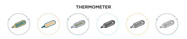 Termometre simgesi doldurulmuş, ince çizgi, özet ve vuruş stili. Mobil, ui, web için iki renkli ve siyah termometre vektör ikonu tasarımı vektör illüstrasyonu kullanılabilir