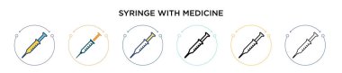 İçinde ilaç ikonu olan bir şırınga. İnce çizgi, özet ve vuruş stili. İlaç vektör simgeli iki renkli ve siyah şırınganın vektör çizimi mobil, ui, web için kullanılabilir