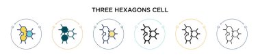 Üç altıgen hücre ikonu doldurulmuş, ince çizgi, ana hatlar ve vuruş stili. Mobil, ui, web için iki renkli ve siyah üç altıgen hücre vektör ikonu tasarımı vektör illüstrasyonu kullanılabilir
