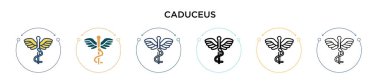 Caduceus simgesi doldurulmuş, ince çizgi, ana hatlar ve vuruş stili. Mobil, ui, web için iki renkli ve siyah caduceus vektör ikonu tasarımı vektör illüstrasyonu kullanılabilir