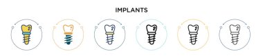 İmplantlar doldurulmuş, ince çizgi, ana hatlar ve vuruş stili. İki renkli ve siyah implant vektör simgesi tasarımı mobil, ui, web için kullanılabilir