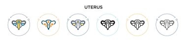 Rahim içi simgesi doldurulmuş, ince çizgi, ana hatlar ve vuruş stili. Mobil, ui, web için iki renkli ve siyah uterus vektör ikonu tasarımının vektör illüstrasyonu kullanılabilir