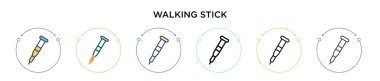 Yürüyen çubuk ikonu, ince çizgi, ana hatlar ve vuruş stili. İki renkli ve siyah baston vektör simgesi tasarımı mobil, ui, web için kullanılabilir