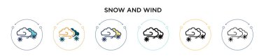 Kar ve rüzgar ikonu. İnce çizgi, dış hatlar ve vuruş stili. Mobil, ui, web için iki renkli ve siyah kar ve rüzgar vektör ikonu tasarımı vektör illüstrasyonu kullanılabilir
