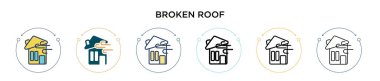 Kırık çatı simgesi dolu, ince çizgi, özet ve vuruş stili. Mobil, ui, web için iki renkli ve siyah çatı vektör simgesinin vektör çizimi kullanılabilir