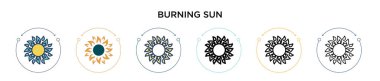 Kavurucu güneş ikonu, ince çizgi, ana hatlar ve vuruş stili. Mobil, ui, web için iki renkli ve siyah güneş vektör ikonu tasarımı vektör illüstrasyonu kullanılabilir