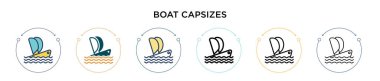 Tekne alabora oluyor, ince çizgi halinde, ana hatlarıyla ve vuruş tarzıyla. İki renkli ve siyah tekne alabora oldu vektör simgeleri tasarımı mobil, ui, web için kullanılabilir