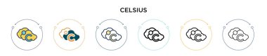 Celsius simgesi dolu, ince çizgi, ana hatlar ve vuruş stili. Mobil, ui, web için iki renkli ve siyah Celsius vektör simgesinin vektör çizimi kullanılabilir