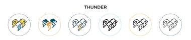 Gök gürültüsü simgesi dolu, ince çizgi, ana hatlar ve vuruş stili. Mobil, ui, web için iki renkli ve siyah gök gürültüsü vektör simgesi tasarımı vektör illüstrasyonu kullanılabilir
