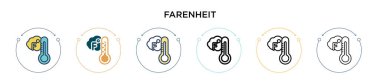 Fareheit simgesi dolu, ince çizgi, özet ve vuruş stili. Mobil, ui, web için iki renkli ve siyah farenheit vektör simgesinin vektör çizimi kullanılabilir