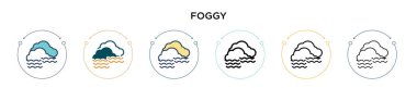 Foggy simgesi doldurulmuş, ince çizgi, özet ve vuruş stili. Mobil, ui, web için iki renkli ve siyah sisli vektör simgesinin vektör çizimi kullanılabilir
