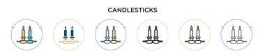 Şamdanlar doldurulmuş, ince çizgi halinde, ana hatları ve vuruş stili. Mobil, ui, web için iki renkli ve siyah şamdan vektör simgesi tasarımı vektör illüstrasyonu kullanılabilir