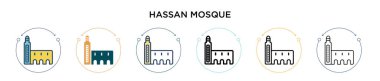 Hasan camisinin simgesi, ince çizgi, özet ve vuruş stili. Mobil, ui, web için iki renkli ve siyah Hassan cami vektör simgesi tasarımı vektör illüstrasyonu kullanılabilir