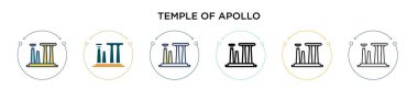 Apollo ikonunun tapınağı. İnce çizgi, özet ve vuruş stili. Apollo vektör simgelerinin iki renkli ve siyah tapınağının vektör çizimi mobil, ui, web için kullanılabilir