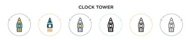 Saat kulesi simgesi dolu, ince çizgi, özet ve vuruş stili. Mobil, ui, web için iki renkli ve siyah saat kule vektör ikonu tasarımı vektör illüstrasyonu kullanılabilir