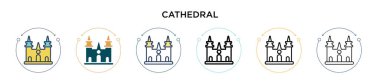Katedral simgesi dolu, ince çizgi, özet ve vuruş stili. Mobil, ui, web için iki renkli ve siyah katedral vektör ikonu tasarımı vektör illüstrasyonu kullanılabilir