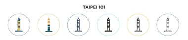 Taipei 101 simgesi doldurulmuş, ince çizgi, özet ve vuruş stili. Mobil, ui, web için iki renkli ve siyah Taipei 101 vektör simgesinin vektör çizimi kullanılabilir