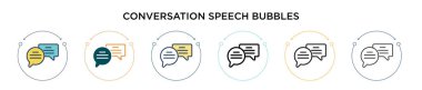 Konuşma baloncukları dolu, ince çizgi halinde, ana hatlarıyla ve vuruş tarzıyla ikon oluşturuyor. İki renkli ve siyah konuşma baloncukları vektör simgeleri tasarımı taşınabilir için kullanılabilir, 