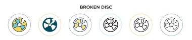 Kırık disk simgesi dolu, ince çizgi, ana hatlar ve vuruş stili. Mobil, ui, web için iki renkli ve siyah disk kırığı vektör simgesi tasarımı kullanılabilir