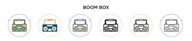 Müzik kutusu simgesi doldurulmuş, ince çizgi, özet ve vuruş stili. Mobil, ui, web için iki renkli ve siyah boombox vektör ikonu tasarımının vektör illüstrasyonu kullanılabilir