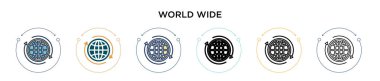 Dünya çapında bir ikon, ince çizgi, özet ve vuruş stili. Mobil, ui, web için iki renkli ve siyah vektör simgelerinin vektör illüstrasyonu kullanılabilir
