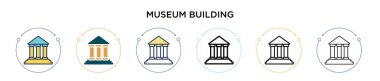 Müze binası ikonu, ince çizgi, özet ve vuruş stili. Mobil, ui, web için iki renkli ve siyah müze inşa vektör simgesi tasarımı vektör illüstrasyonu kullanılabilir