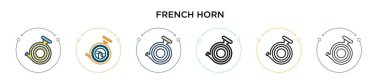 Fransız korna ikonu, ince çizgi, dış hatlar ve vuruş stili. Mobil, ui, web için iki renkli ve siyah Fransız korna vektör ikonu tasarımı vektör illüstrasyonu kullanılabilir
